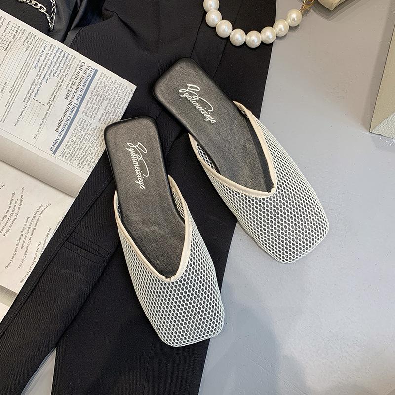 Papuci Baotou de vară pentru femei, cu talpă plată, la modă, pentru exterior, simpli, antiderapanți, sandale leneșe, plasă respirabilă goală, pantofi de damă