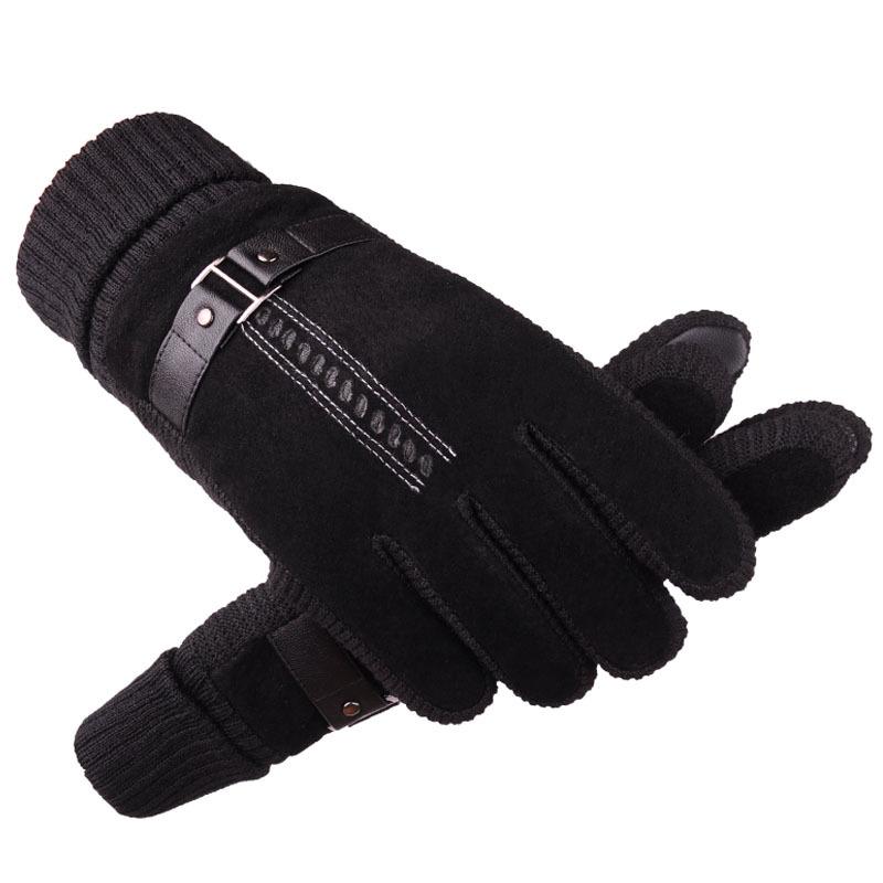 Men's Winter Thickened and Velvet Warm Pig Skin Cycling Motorcycle Cold Proof Cycling Touch Screen Outdoor Cotton Gloves