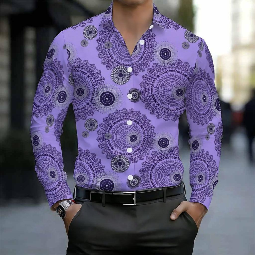 Men Collared Shirt Multicolor Vintage Paisley Diamond Floral Print Long Sleeve Button Down Top