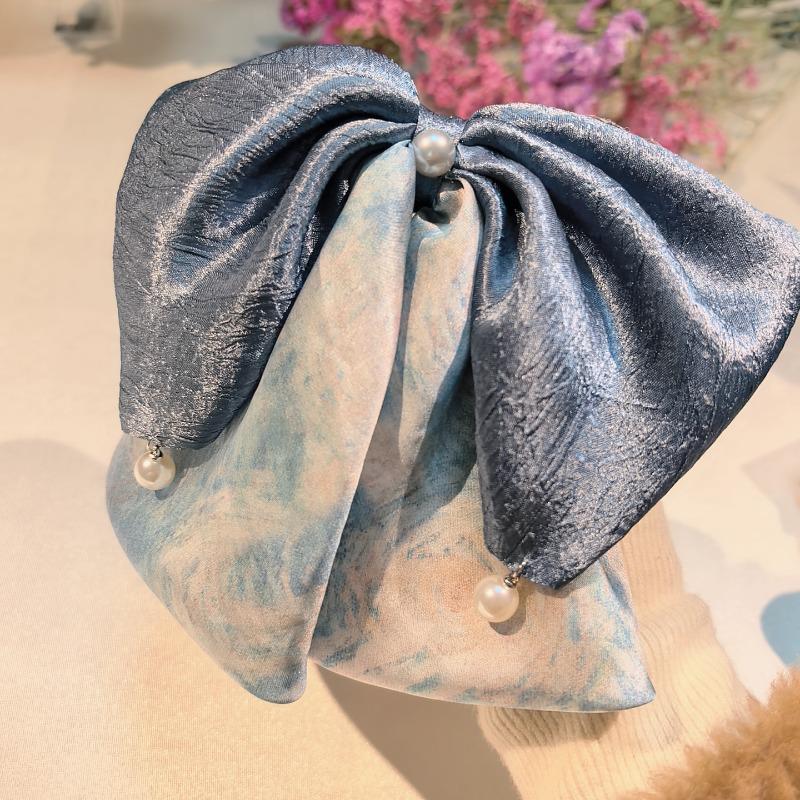 High-End Tie-Dye Starry Sky Bow Claw Hair Clip with Beaded Ribbon