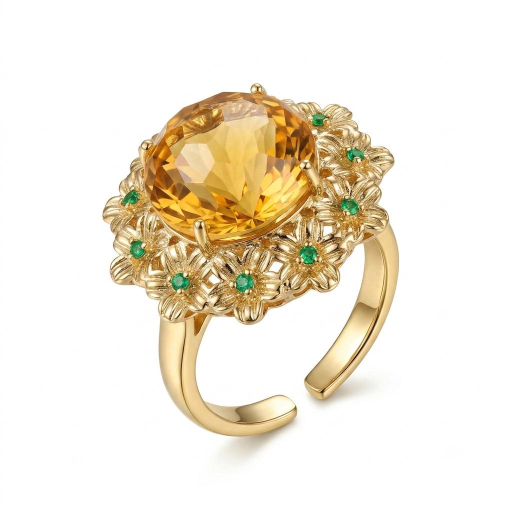 Fireworks Craftsmanship Cuts High-quality Imitation Yellow Crystal Ice Flowers To Attract wealth18K Gold Light Luxury Versatile Floral Open Ring