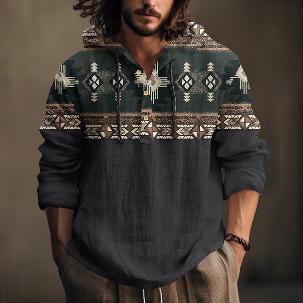 Printed Men's Cotton And Linen Shirt Hooded Long-sleeved Hooded Spring And Summer Casual Daily Wear