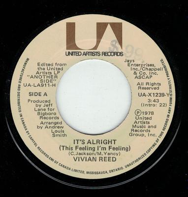 Disc de 7 inch VIVIAN REED - It's Alright (Acest sentiment pe care îl simt UAX1239Y United Artists  1978 Canada Soul/Funk Folosit