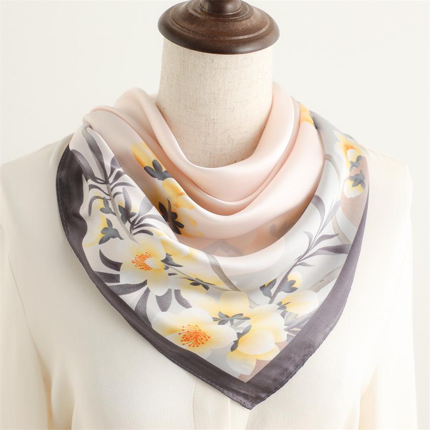 Simulated silk square scarf Professional rose plain and elegant silk scarf New 71cm peony scarf Sunscreen shawl Women's flower scarf