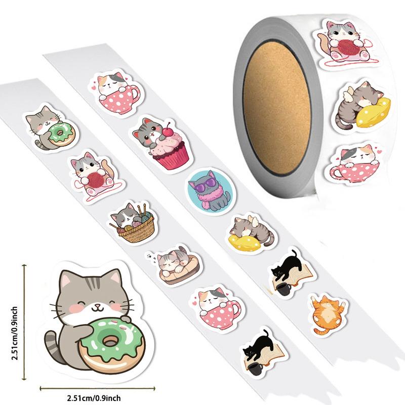 500PCS Creative Cartoon Cat Small Pattern Graffiti Decoration Roll Stickers Laptop Envelope Sealing Stickers Waterproof Stickers