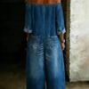 Damen schulterfrei Langarm Denim Jumpsuit lockere Passform mittlere Taille lässiger Body