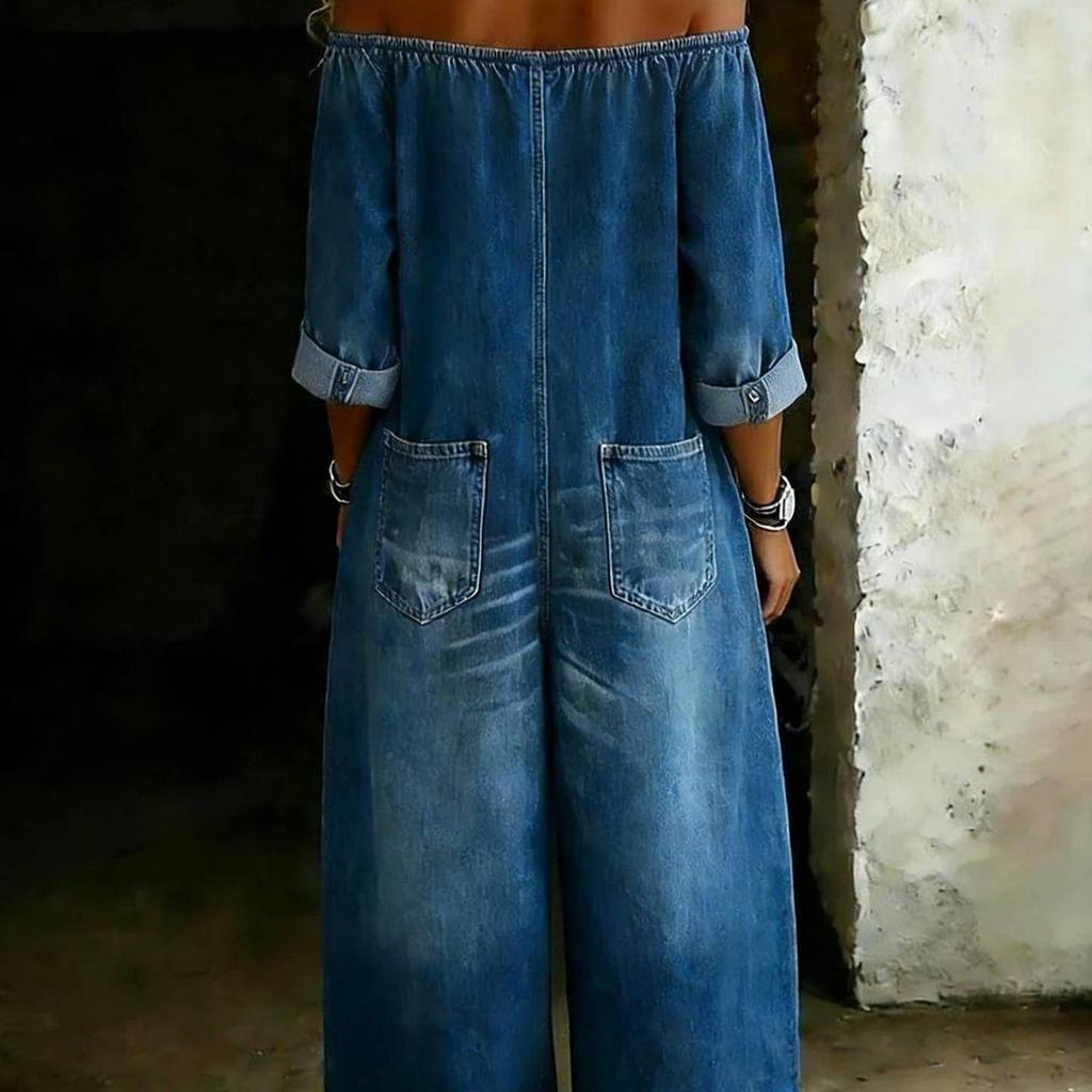 Damen schulterfrei Langarm Denim Jumpsuit lockere Passform mittlere Taille lässiger Body