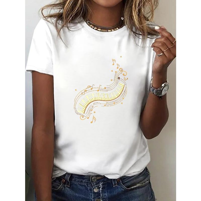 

Women s Piano Keyboard Golden Notes Print T-Shirt Casual Crew Neck Short Sleeve Spring Summer Tee S белый