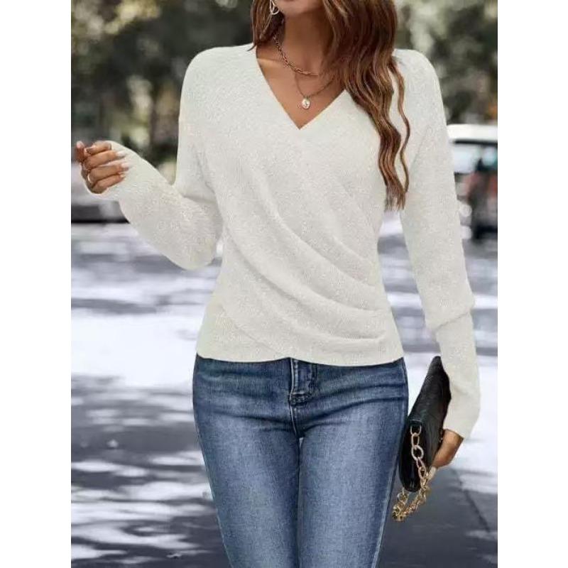 V Neck Long Sleeve Pullover Loose Fit Solid Color Knit Sweater