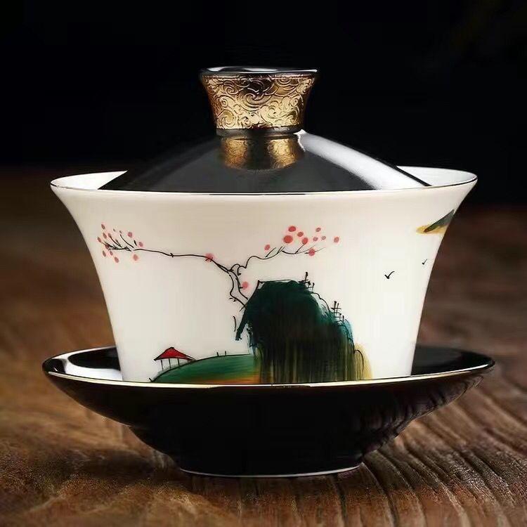 

330ml Orchid Sancai Bowl Chinese Ceramic Large Tea Bowl Household White Porcelain Tea Cup Kung Fu Tea Set Drinking Utensils 12x11cm 330ml