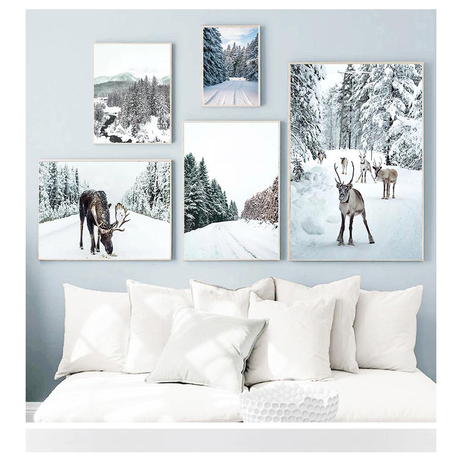 Landscape Pine Forest Snow Elk Nordic Posters And Prints Wall Pictures For Living Room Decor Wall Art Canvas Painting Winter