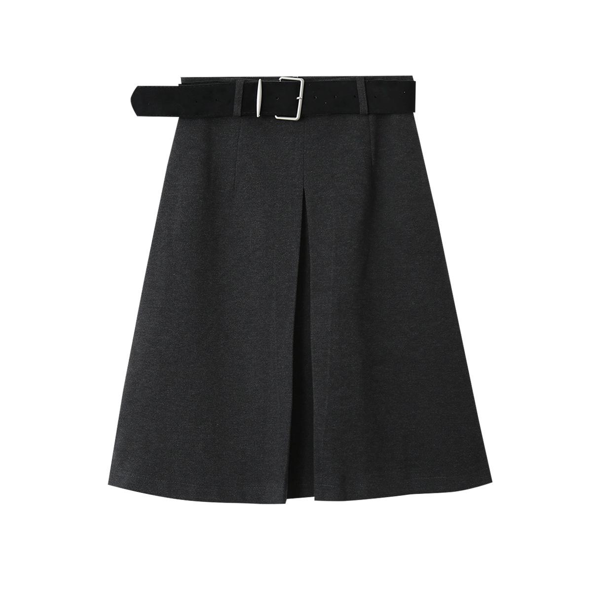 Ou Fan Women’s Korean High-Waisted Wool A-Line Midi Skirt with Belt Medium