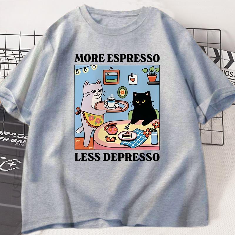 More Espresso Less Depresso Cat Coffee Graphic T Shirt Funny Coffee Lover Tee Unisex Casual Cotton Streetwear Short Sleeve Tops