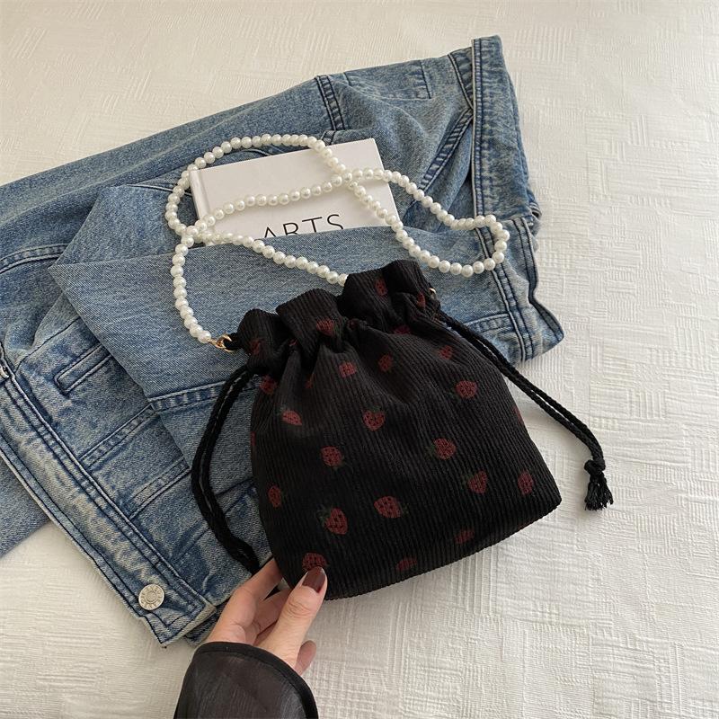 Sweet and Cute Strawberry Printed Bucket Bag Beaded Shoulder Strap Corduroy Exquisite Foreign Versatile Single Shoulder Messenger Women's Bag