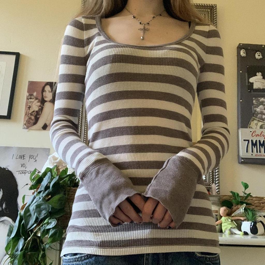 Women's Red and Grey Shirt Striped Long Sleeve Tops Grunge 2000s Fall Ribbed Soft Shirts