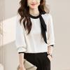Gentle Collar Bow Tie Shirt for Women, 2026 Spring and Autumn New Style, Color Block Ribbon Design Satin Top