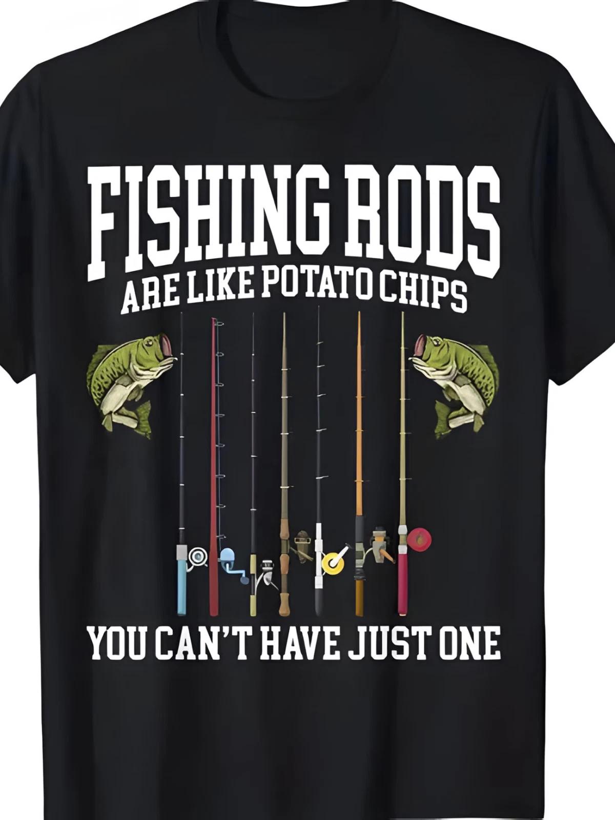 Men s Fishing Rod Graphic T-Shirt - 100%, Casual Crew Neck T-Shirt XXL