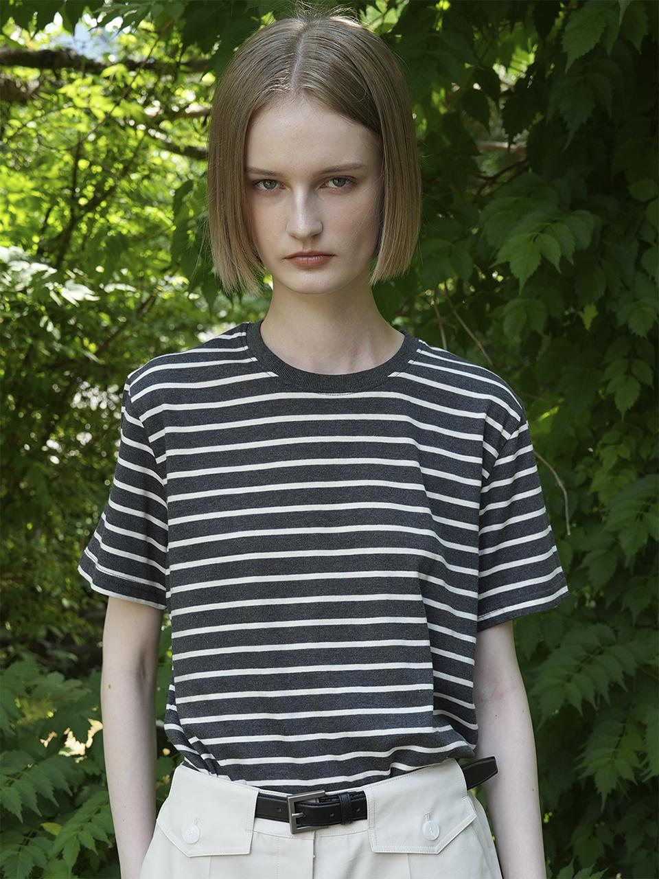 Raye Lima Stripe Cotton T-Shirts (Charcoal Gray)