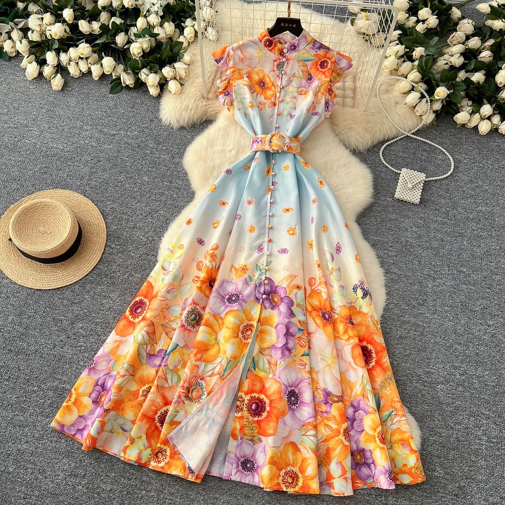 Kleid mit Blumendruck für Damen, Rüschen, fliegende Ärmel, kontrastierende einreihige Kleider, Taillenschnürkleider im Palaststil