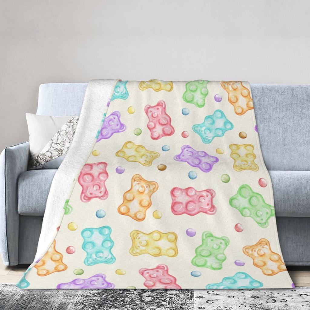 Bear Gummy Candy Cartoon Digital-printed Polyester Bedroom Velvet Flannel Soft Sofa Cover Blanket Fleece Sofa Cover Blankets