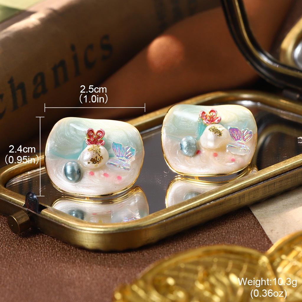 Monet Garden Oil Painting French Medieval Vintage Earrings Enamel Oil Drop Earrings Flower Natural Pearl Stud Earrings