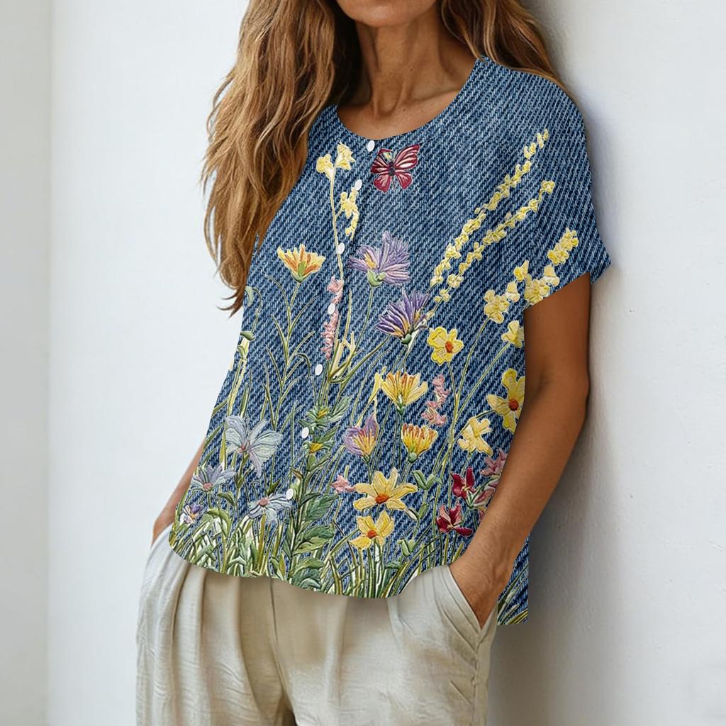 Women's Neck Floral Print Blouse with Single Button Placket