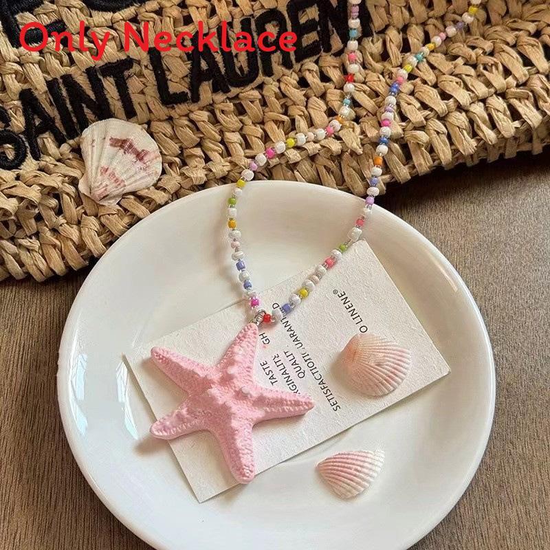 Sea Star Long Beaded Necklace With Alloy Pendant For Summer Beachwear Jewelry