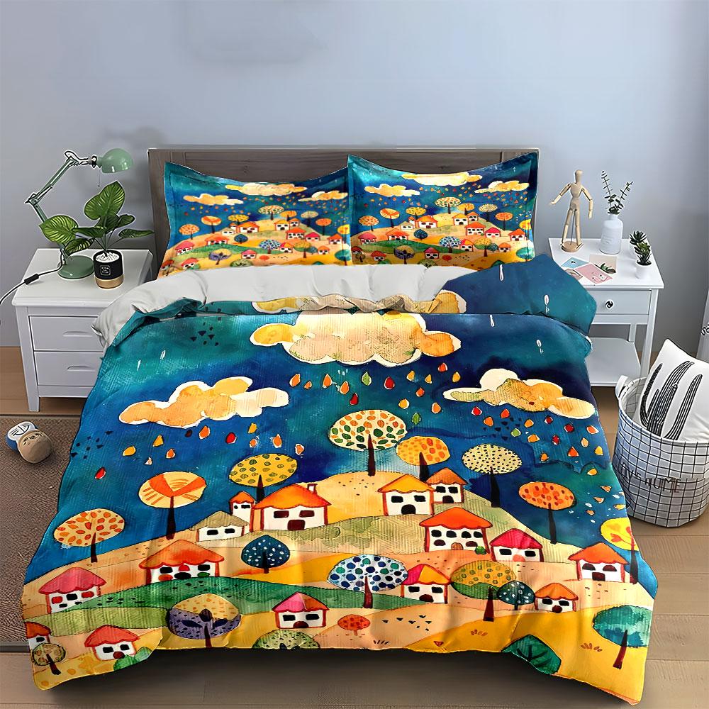 Colorful Trees, Houses, Clouds. Bedding Sets Duvet Cover Sets Duvet Covers Pillowcases(1 * Duvet Cover 2 * Pillowcases Without Duvet Insert)