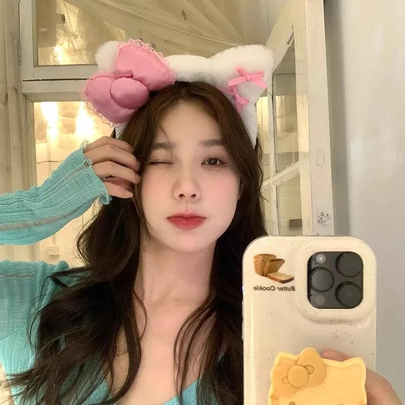 1-20Pcs Hair Band Cute Cat Ears Hair Band with Bow Hair Band for Girls Face Wash Make-up Headband Anti-slip Headband