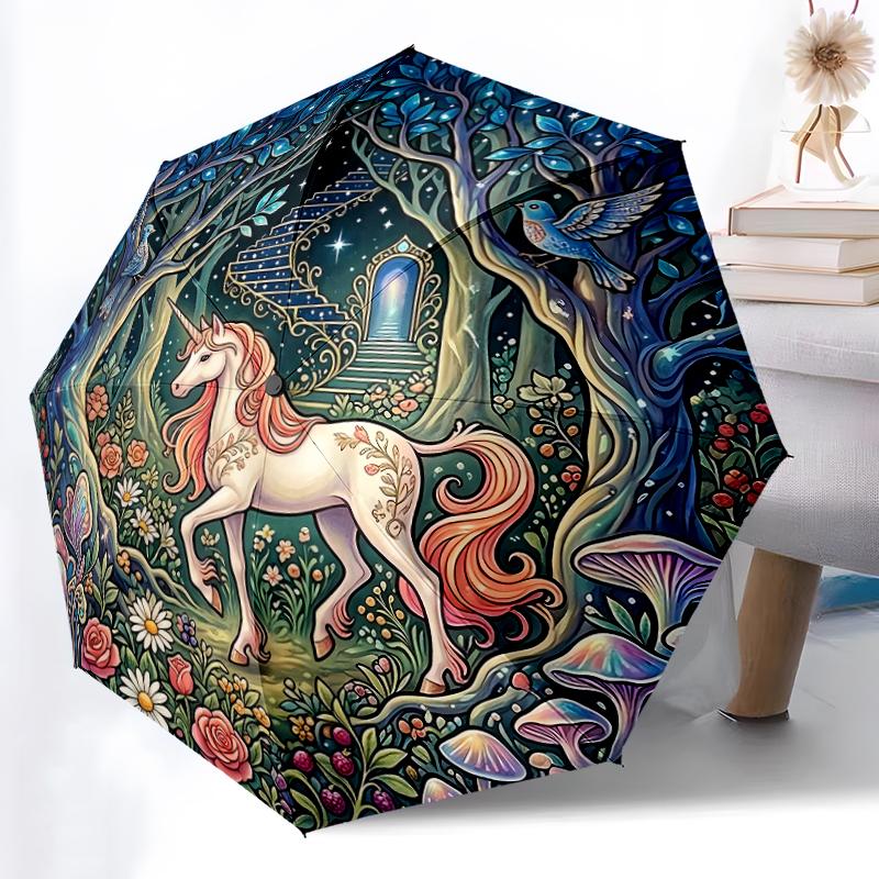 

1pc Sturdy 8-Bone Auto Umbrella, Enchanted Forest Pink Mane Unicorn Umbrella, Digital Printed, Foldable Umbrella for On-the-Go Outdoor Use