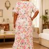 Women's Home Wear Pajama Set - V-neck Lace Patchwork Printed Short-sleeved Long Dress Pajama Set