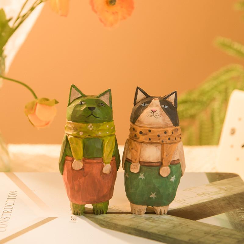 Wooden Cat Figurine Craft Gift For Home Office Decor Collectors Gift