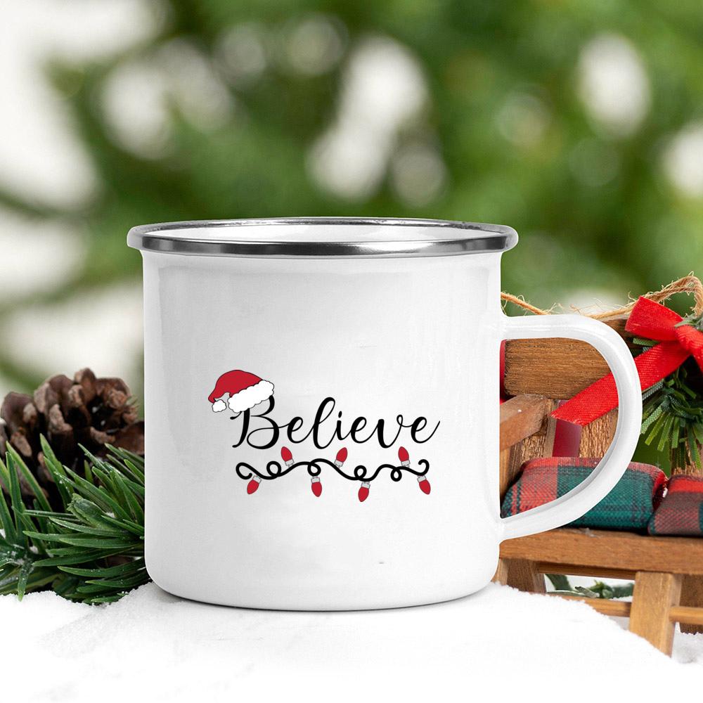 Santa Snowman Print Coffee Mugs Enamel Hot Cocoa Chocolate Cup Kids Breakfast Milk Oatmeal Cups Handle Xmas Decor Holiday Gifts