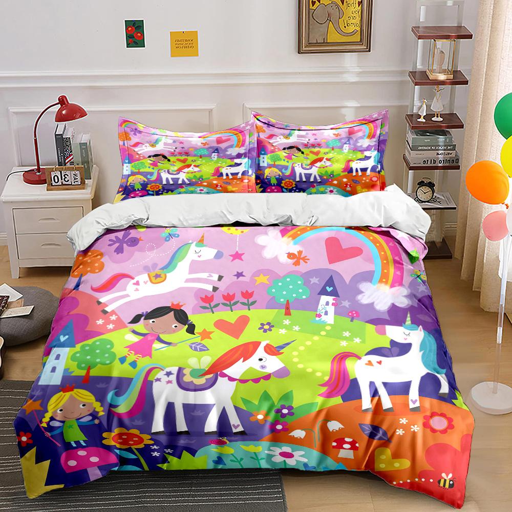 Rainbow Unicorn Fairy Tale Scene Bedding Set for Kids Luxury Gift 3pcs Digital Print Comforter Set Soft Comfortable Breathable