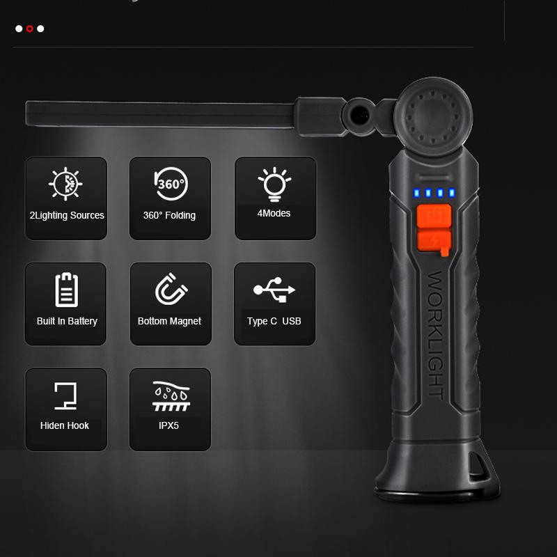 Maintenance Inspection Light 4 Mode Pocket Floodlight 450LM COB LED Work Light Flashlight USB-C 800mA Work Light Magnetic 360° Garage