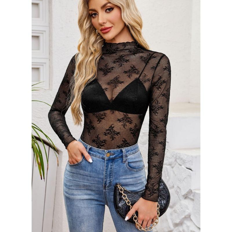 Women Sexy Slim Fit Lace Mesh Long Sleeve Pullover Bottoming Shirt