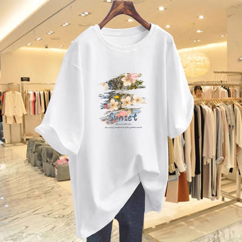

White short-sleeved t-shirt women s pure cotton 2025 new summer medium and long loose large size foreign gas age-reducing top t-shirt S
