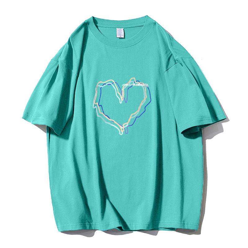 Shellsuning Loose O Neck Cotton Printed Shirts Women Summer Kawaii Heart Graphic Tees Female Casual Short Sleeve Base Black Tops