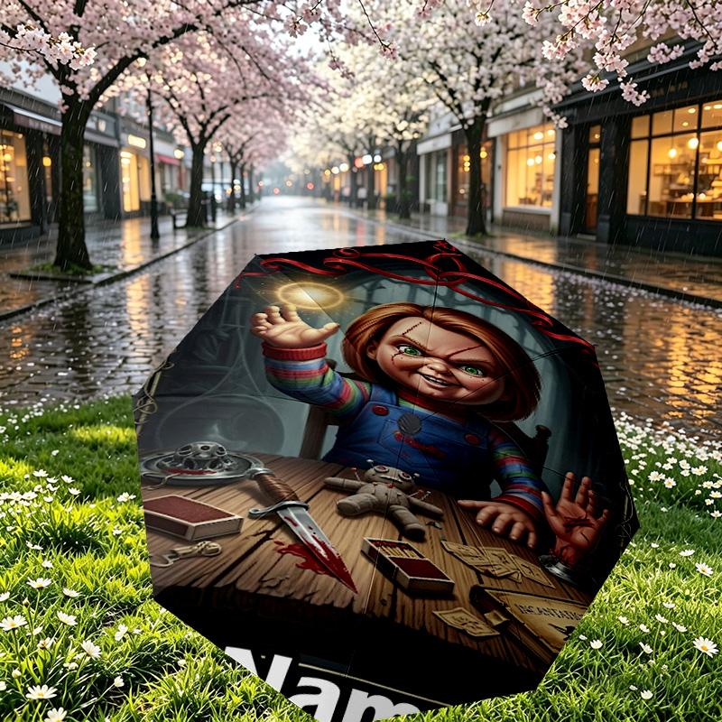 Custom Name Personalized Bride of Chucky Print Umbrella, Auto Open Close, 8‑Rib Sturdy Frame, Commute Camping Hiking Use, Birthday Gift