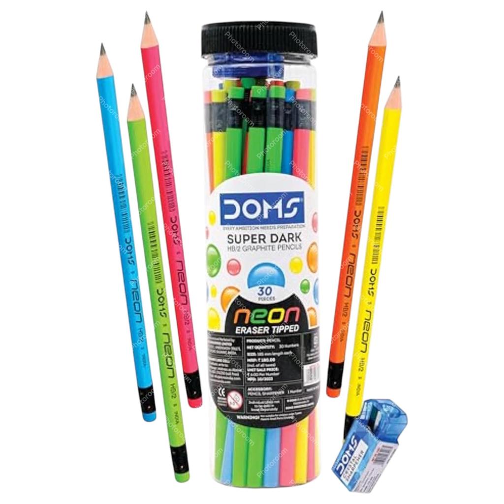 Doms Neon Rubber Tipped HB/2 Graphite Pencil Jar Pack of 30 with Sharpener, Eraser & Scale for Students and Artists