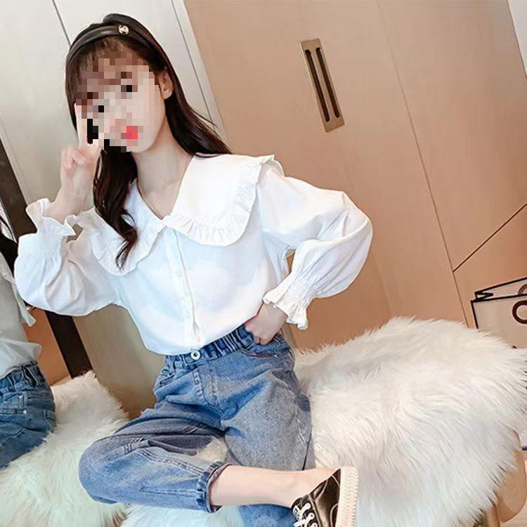 Autumn White Girls' Peter Pan Collar Long Sleeve Shirt - Fashionable Top for Big Kids and Students