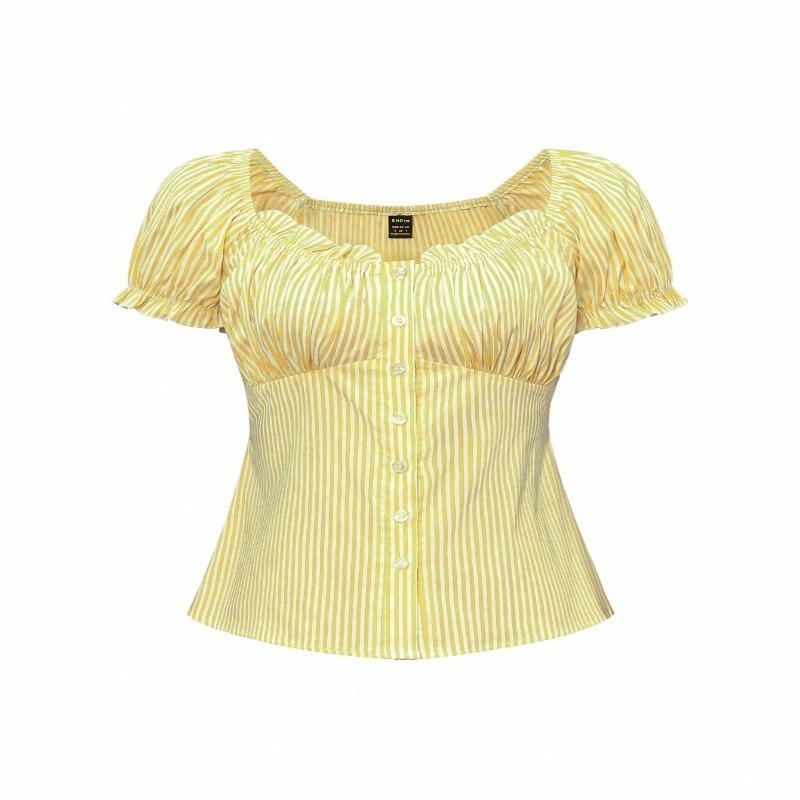 Summer Lace Collar Puff Sleeve Shirt Fashionable Striped Slim Versatile Short-sleeved Top