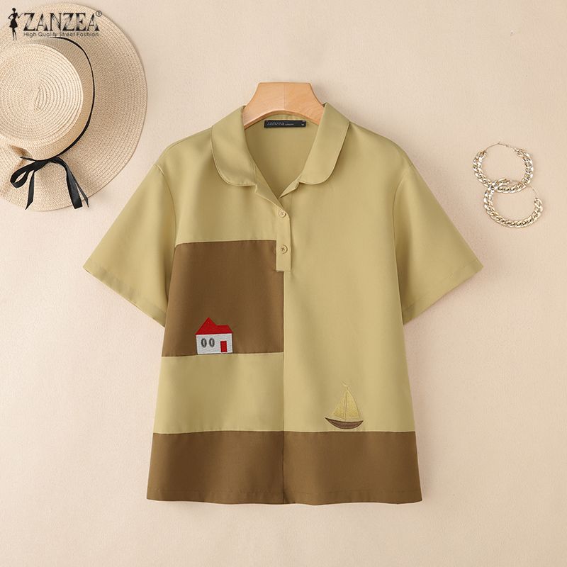 ZANZEA Women Summer Casual Turn Down Collar Short Sleeve Blouse