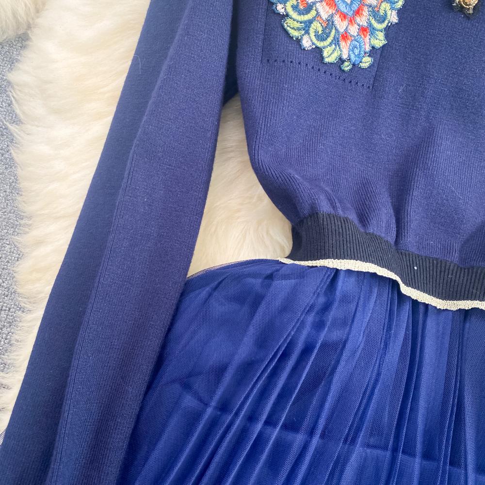 Høst Vinterklær Temperament Langermet Broderi Blomsterstrikket Mellomlang Kjole Uformell Spleising Mesh One Piece Dress