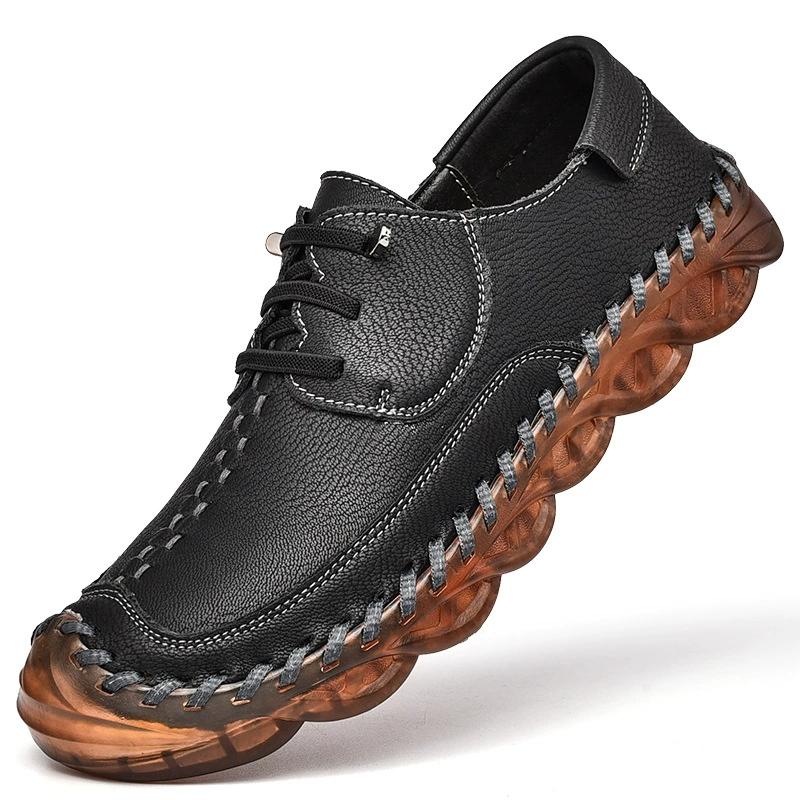 Men s Casual Shoes Comfortable Retro Men s Leather Casual Shoes Men s Fashion Retro Flat for Men Shoes Moccasins 38 чёрный