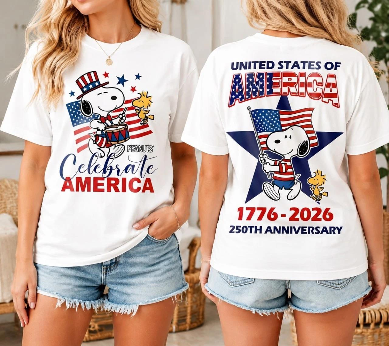 Snoopy 250th Anniversary 1776-2026 Vintage USA Graphic T Shirt S-5XL 4XL