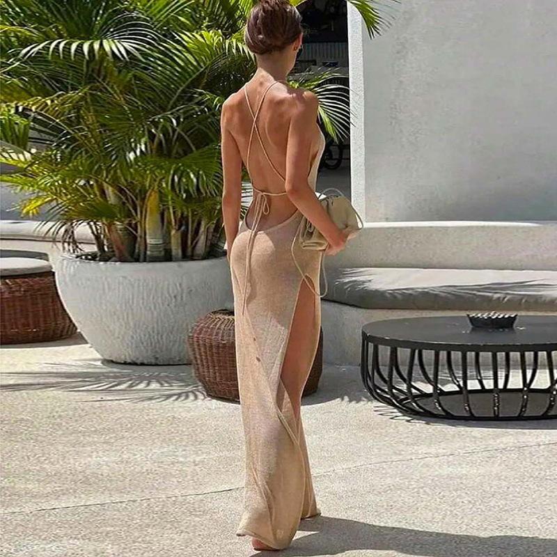 2025 Encubrimiento Tejido Playa Sexy Transparente Vestido Largo con Abertura Delgada Verano Encubrimiento Bikini Elegante Cuello Halter Falda de Playa