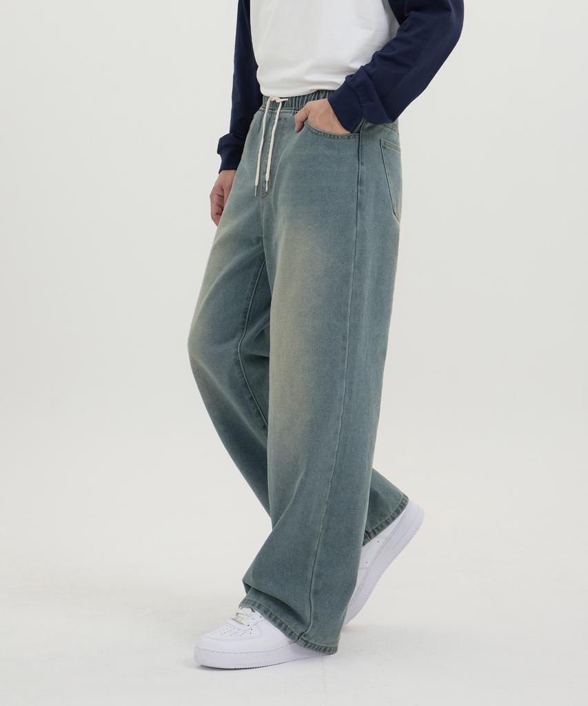 Akeusi Easy Fit Elastic Waist Wide Denim Pants Unisex (Light Blue)