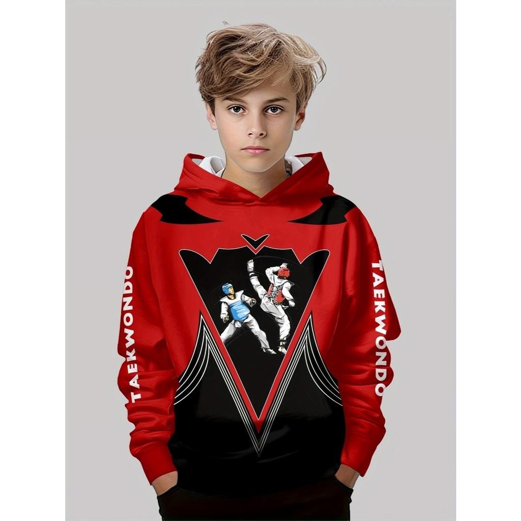 Boys' 3D printed martial arts pattern hoodie - vibrant red and black contrasting casual pullover sweatshirt