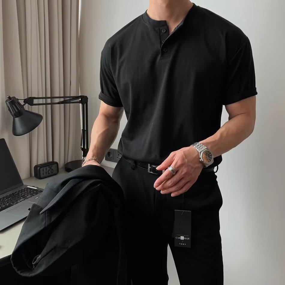 Men s Trendy 2024 Korean Slim Fit Short-Sleeve Solid Polo Shirt L